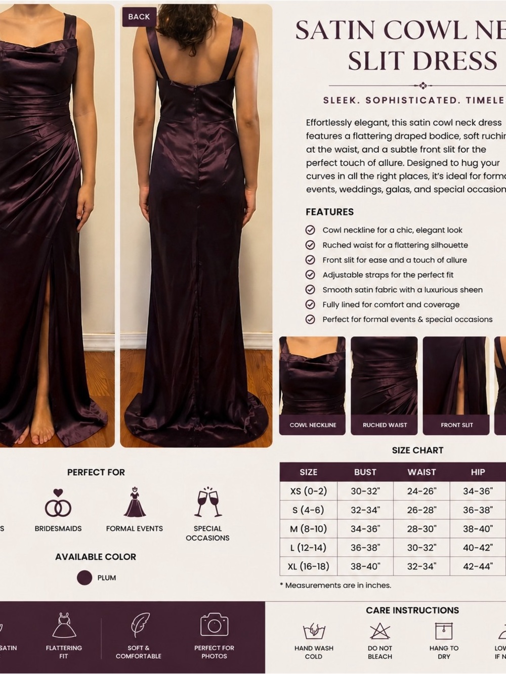 Satin Cowl Neck Evening Gown in Plum